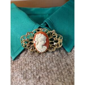 Vintage Cameo Brooch Gold Filigree Victorian Style Portrait Pin 2" Ornate